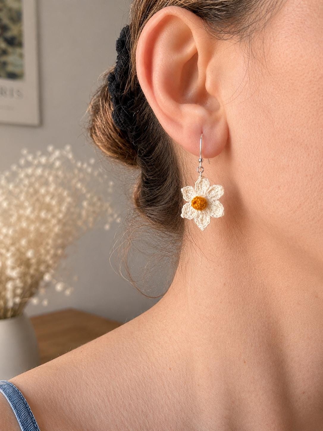 Daffodil Micro Crochet Earrings, Botanical Spring Floral Jewellery, Gold Filled or Sterling Silver __etsy:8059271042
