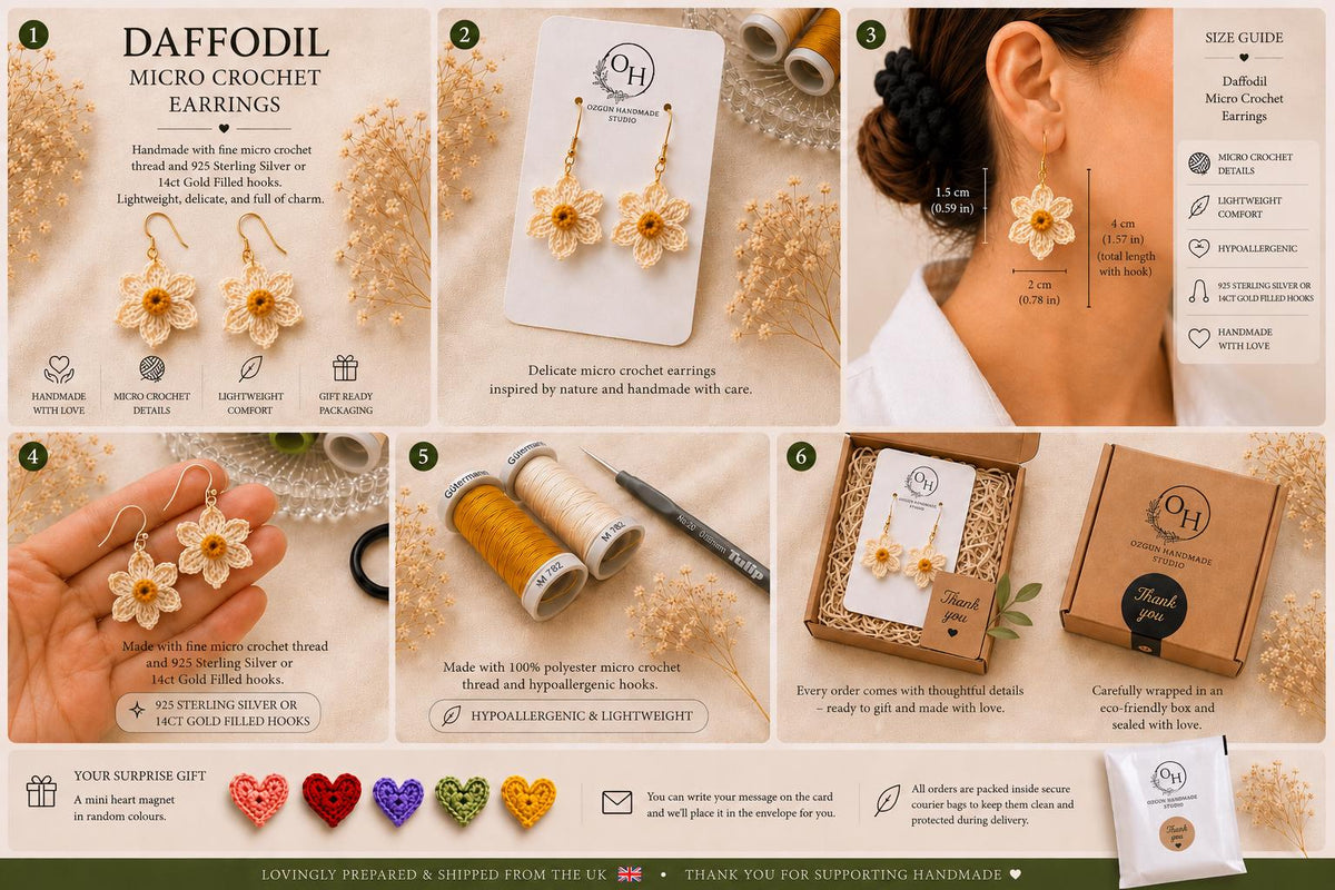 Daffodil Micro Crochet Earrings, Botanical Spring Floral Jewellery, Gold Filled or Sterling Silver __etsy:8059373848