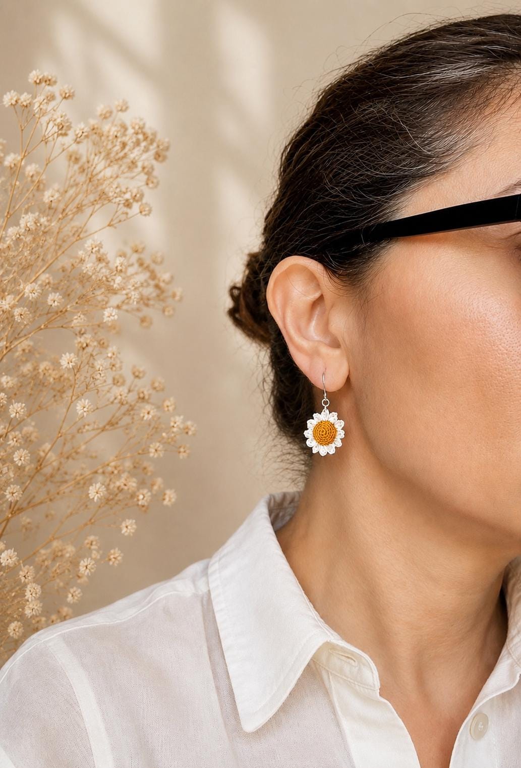 Micro Crochet Daisy Earrings, Dainty Floral Jewelry, Cotton Thread, Gold Filled/Sterling Silver Hooks __etsy:8059493488