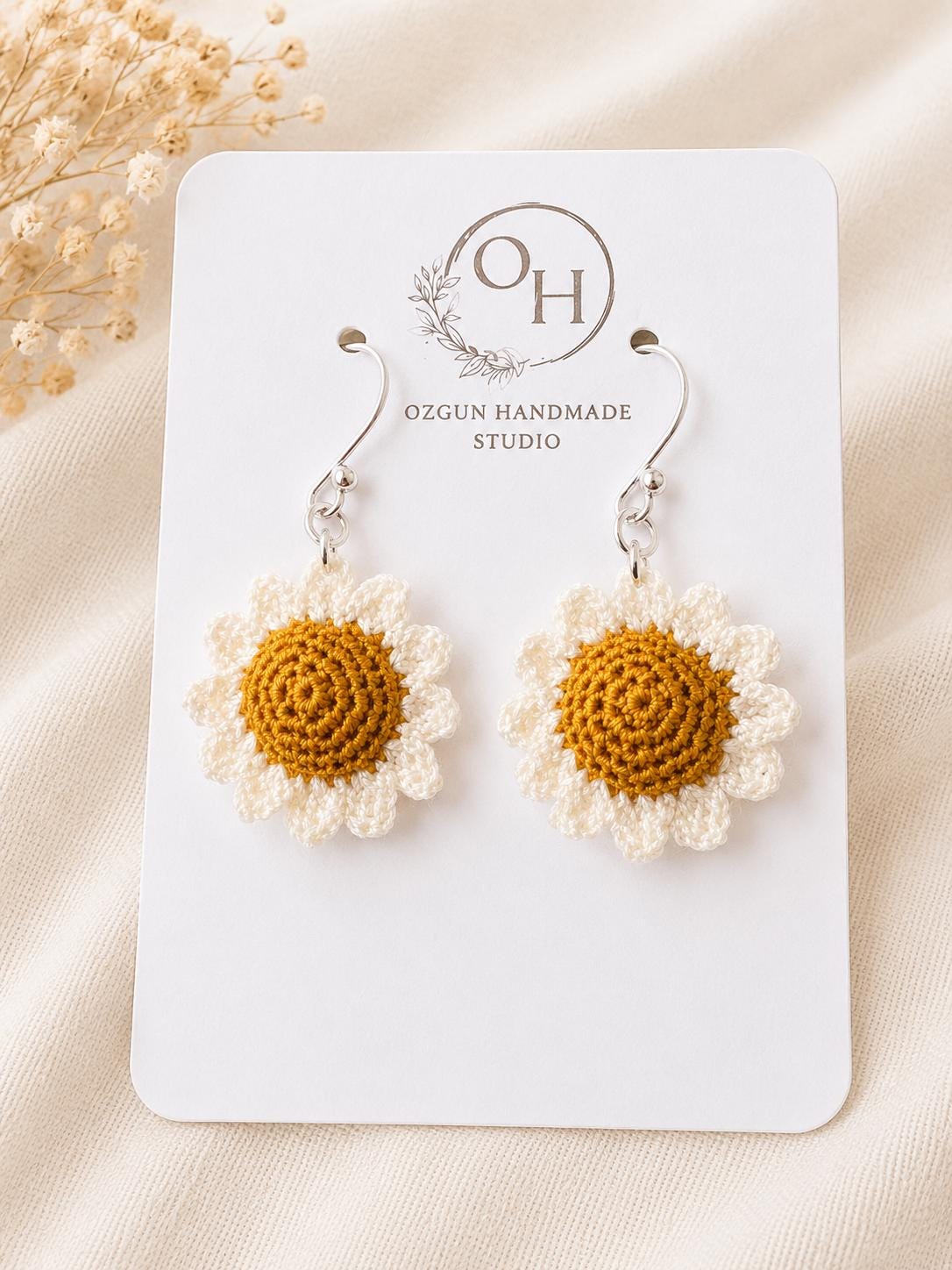 Micro Crochet Daisy Earrings, Dainty Floral Jewelry, Cotton Thread, Gold Filled/Sterling Silver Hooks __etsy:8059493496