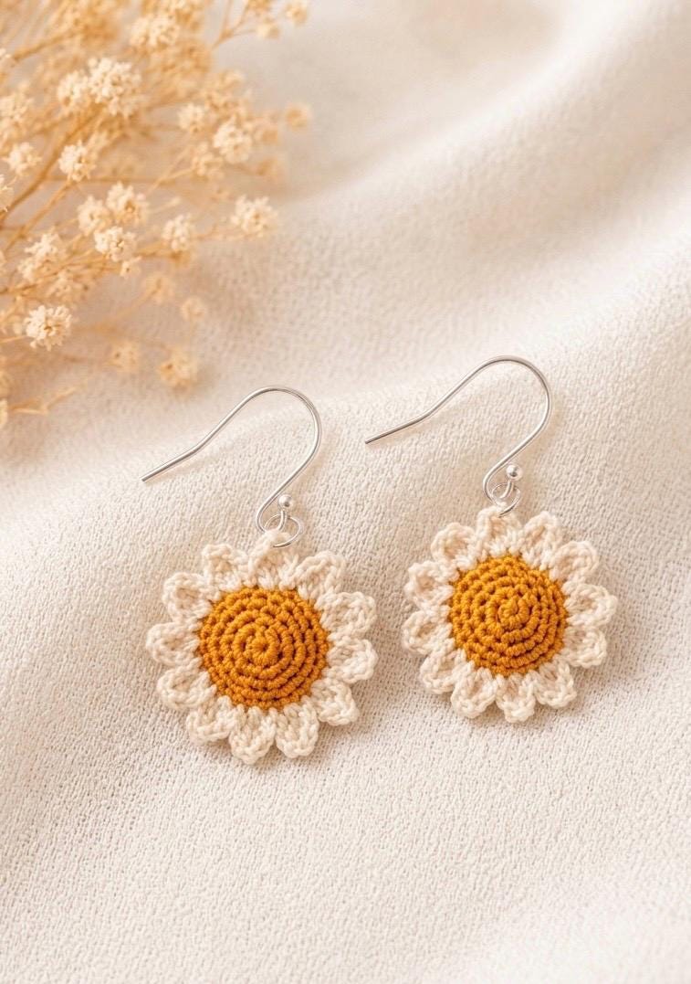Micro Crochet Daisy Earrings, Dainty Floral Jewelry, Cotton Thread, Gold Filled/Sterling Silver Hooks __etsy:8059555802