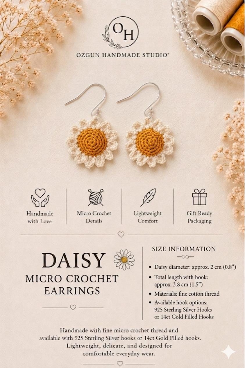 Micro Crochet Daisy Earrings, Dainty Floral Jewelry, Cotton Thread, Gold Filled/Sterling Silver Hooks __etsy:8059555822