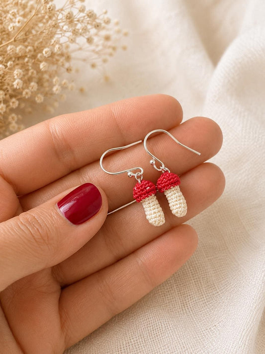 Micro Crochet Mushroom Earrings, Woodland Cottagecore Jewellery, Sterling Silver or Gold Filled Hooks __etsy:8062289990