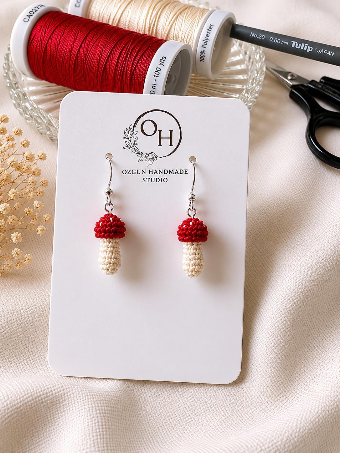 Micro Crochet Mushroom Earrings, Woodland Cottagecore Jewellery, Sterling Silver or Gold Filled Hooks __etsy:8062326128