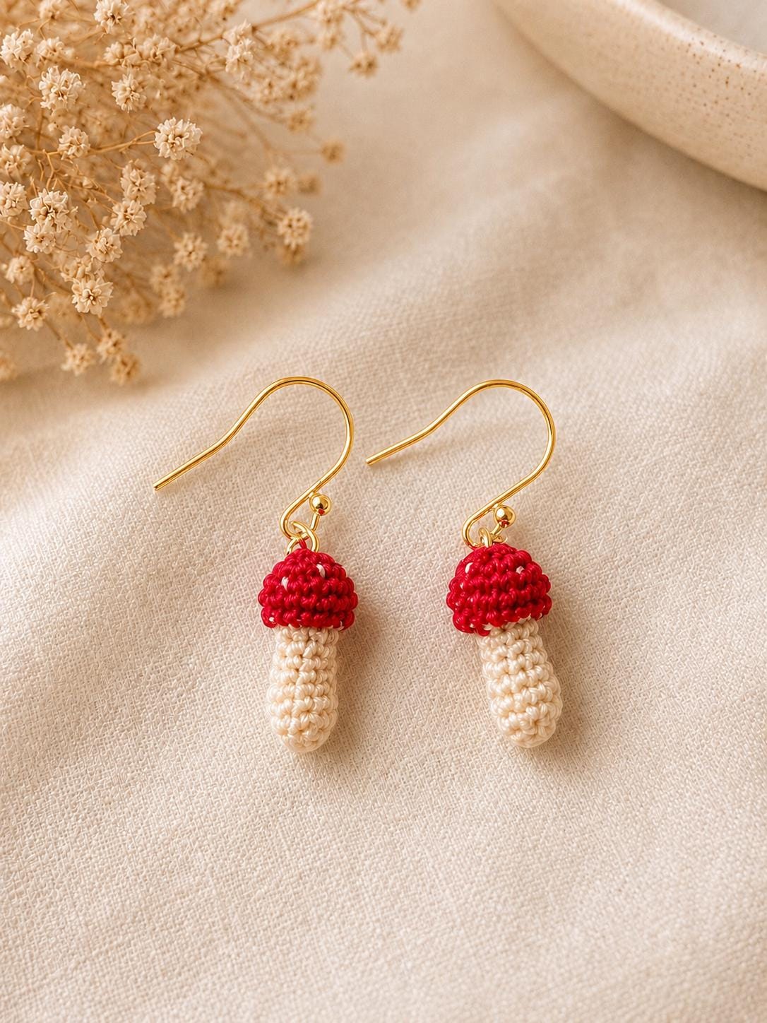 Micro Crochet Mushroom Earrings, Woodland Cottagecore Jewellery, Sterling Silver or Gold Filled Hooks __etsy:8062326184