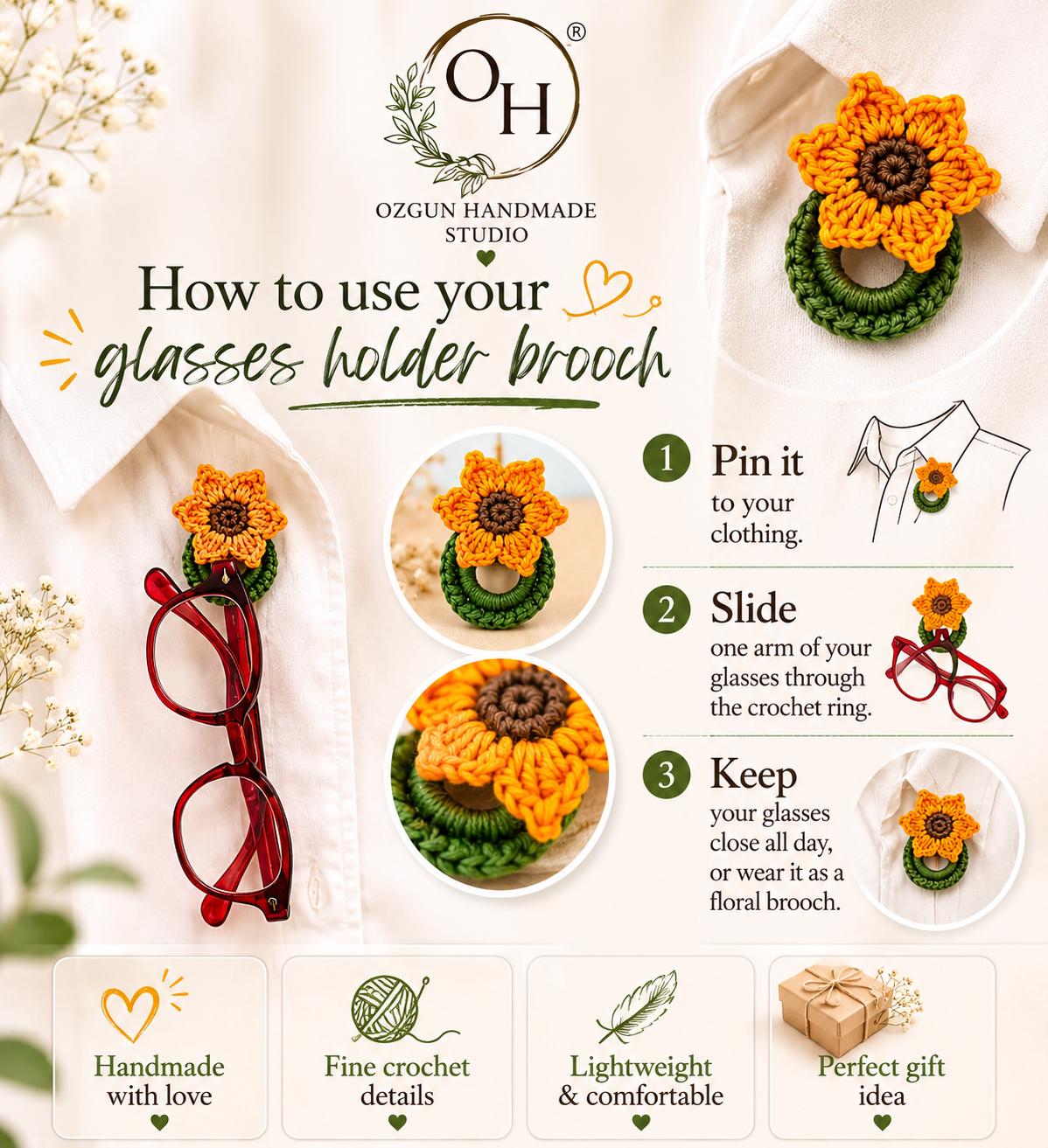 Crochet Sunflower Glasses Holder Brooch, Handmade Floral Eyeglass Accessory __etsy:8062694506