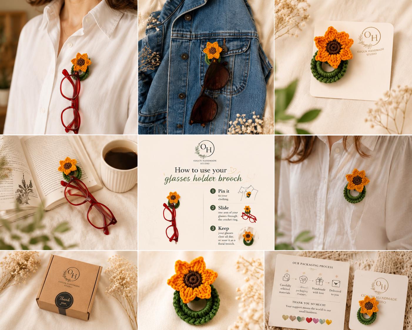Crochet Sunflower Glasses Holder Brooch, Handmade Floral Eyeglass Accessory __etsy:8062790174