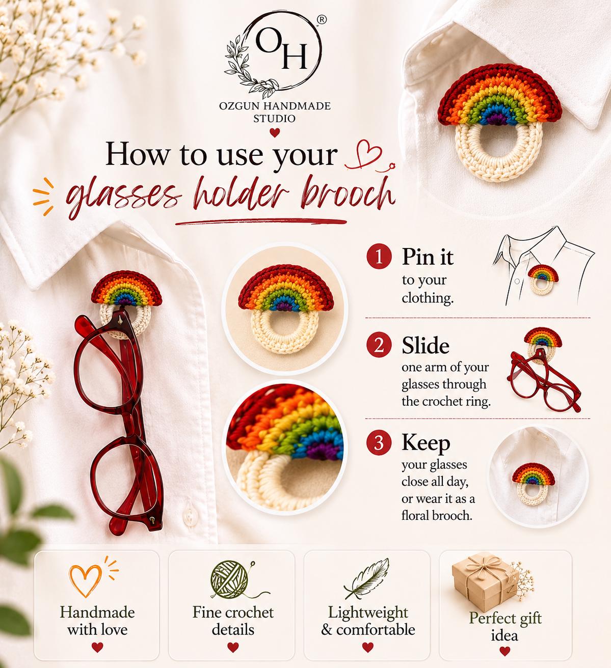 Crochet Rainbow Glasses Holder Brooch, Pride Accessory, Cotton Yarn Pin __etsy:8062868832