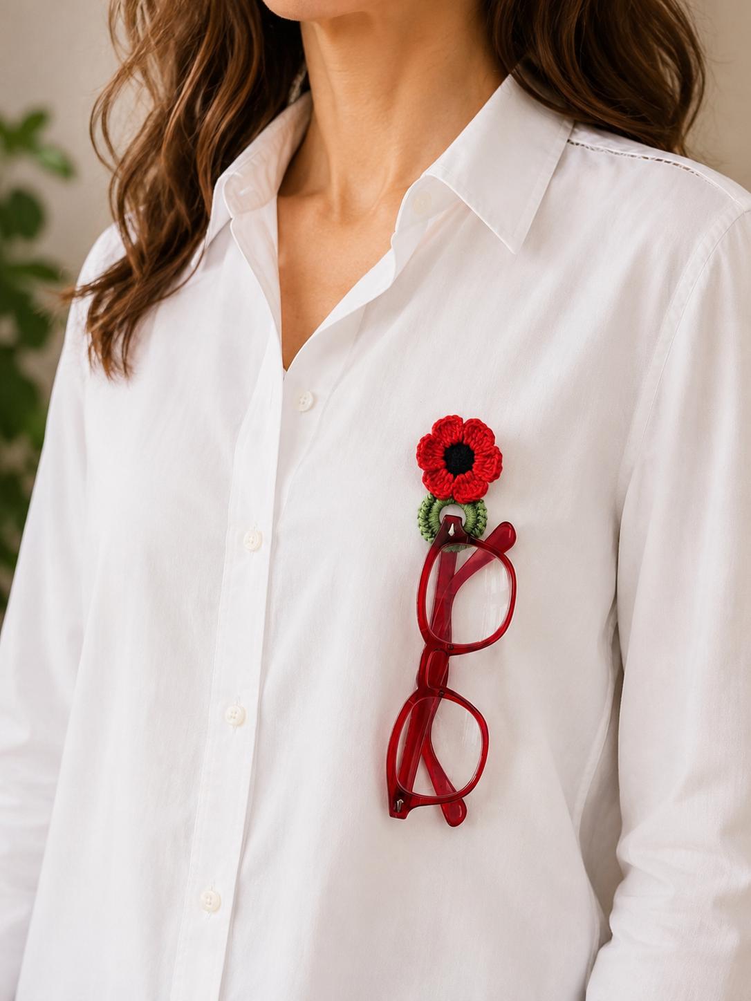 Crochet Poppy Glasses Holder Brooch, Handmade Floral Eyeglass Accessory __etsy:8066752482