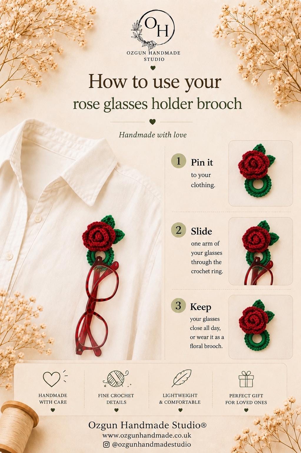 Crochet Rose Glasses Holder Brooch, Floral Eyeglasses Pin, Cotton Yarn, Handmade Accessory __etsy:8067197492
