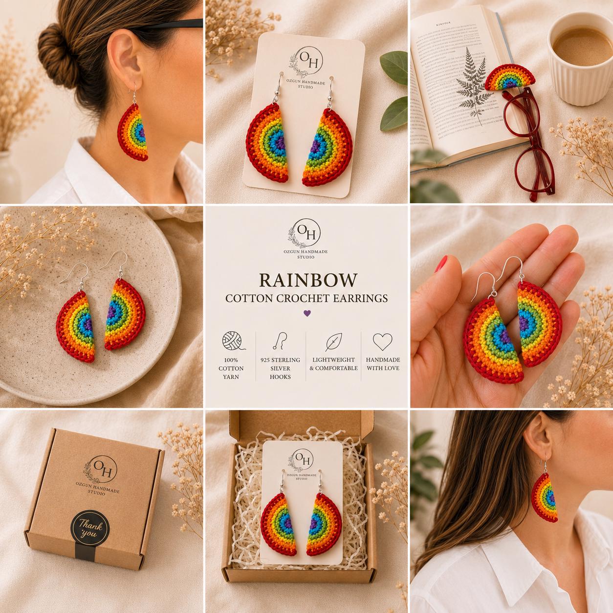 Rainbow Earrings: Handmade Crochet Cotton Pride Jewelry, Sterling Silver __etsy:8074367906