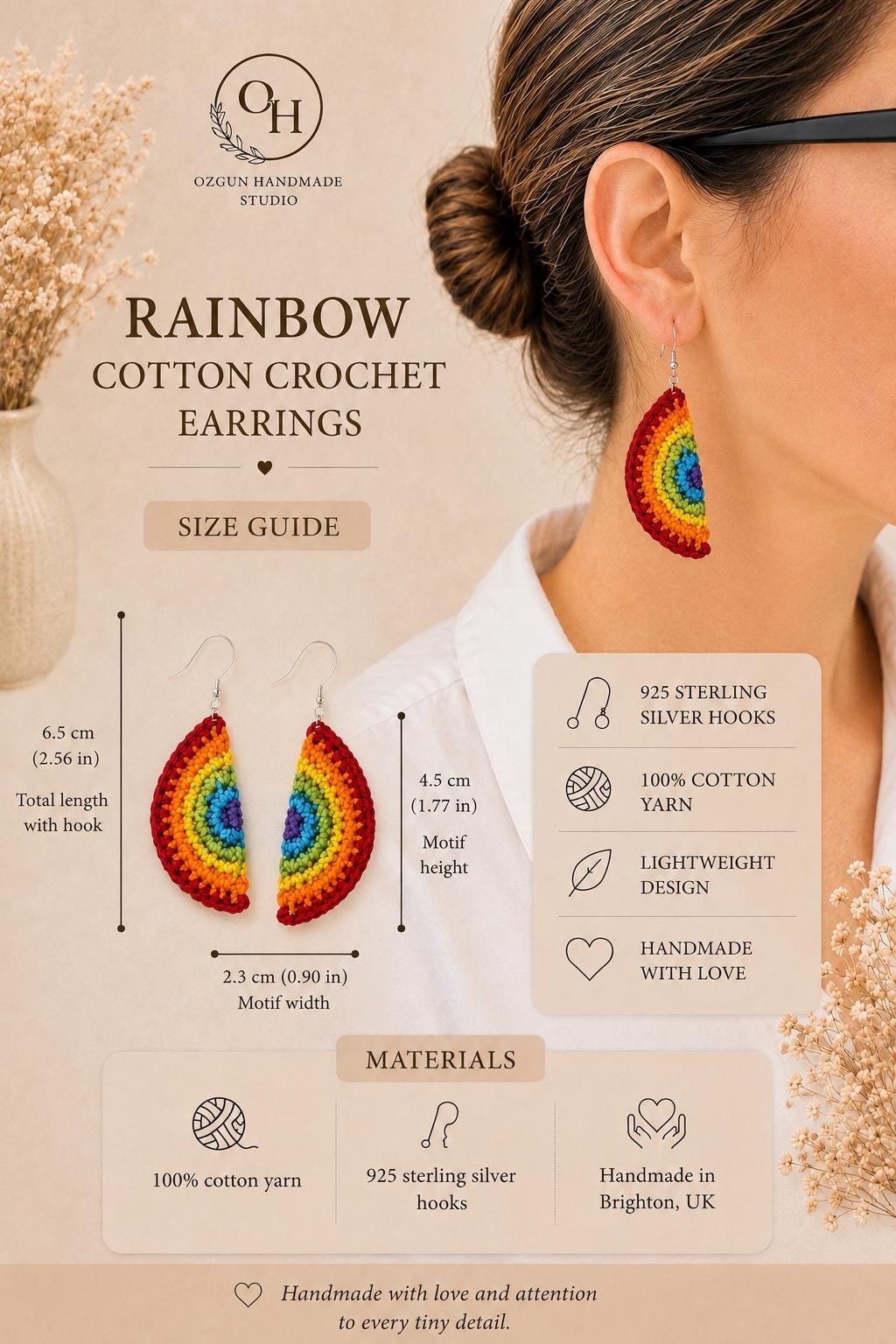 Rainbow Earrings: Handmade Crochet Cotton Pride Jewelry, Sterling Silver __etsy:8074367976
