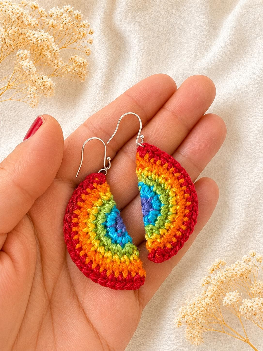 Rainbow Earrings: Handmade Crochet Cotton Pride Jewelry, Sterling Silver __etsy:8074367990