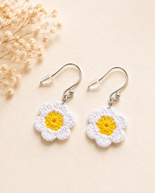 Handmade Micro Crochet Daisy Earrings – 925 Sterling Silver Hooks, Lightweight Floral Jewellery __etsy:8076242956