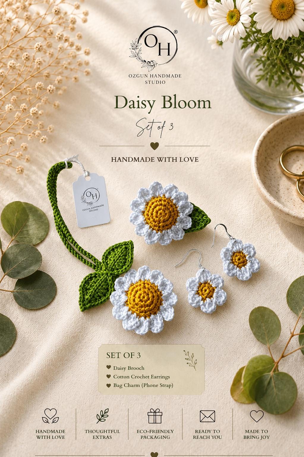 Crochet Daisy Brooch, Cottagecore Floral Pin, Cotton Yarn Botanical Accessory, UK Made Flower Jewellery __etsy:8077932330