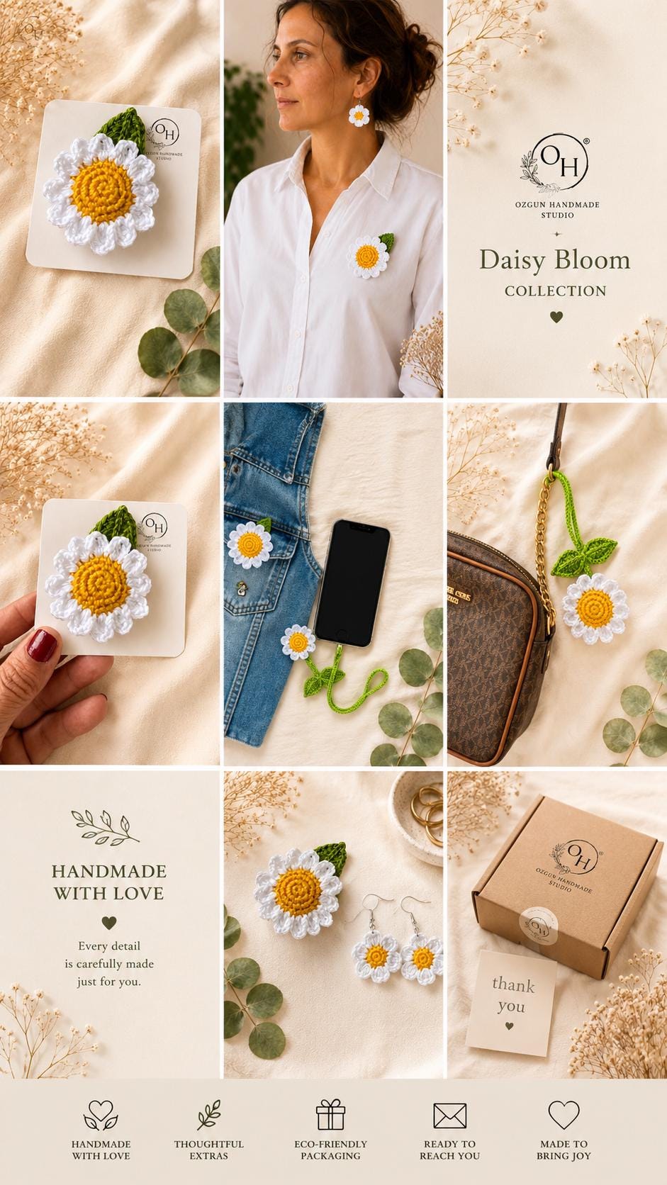 Crochet Daisy Brooch, Cottagecore Floral Pin, Cotton Yarn Botanical Accessory, UK Made Flower Jewellery __etsy:8078060548