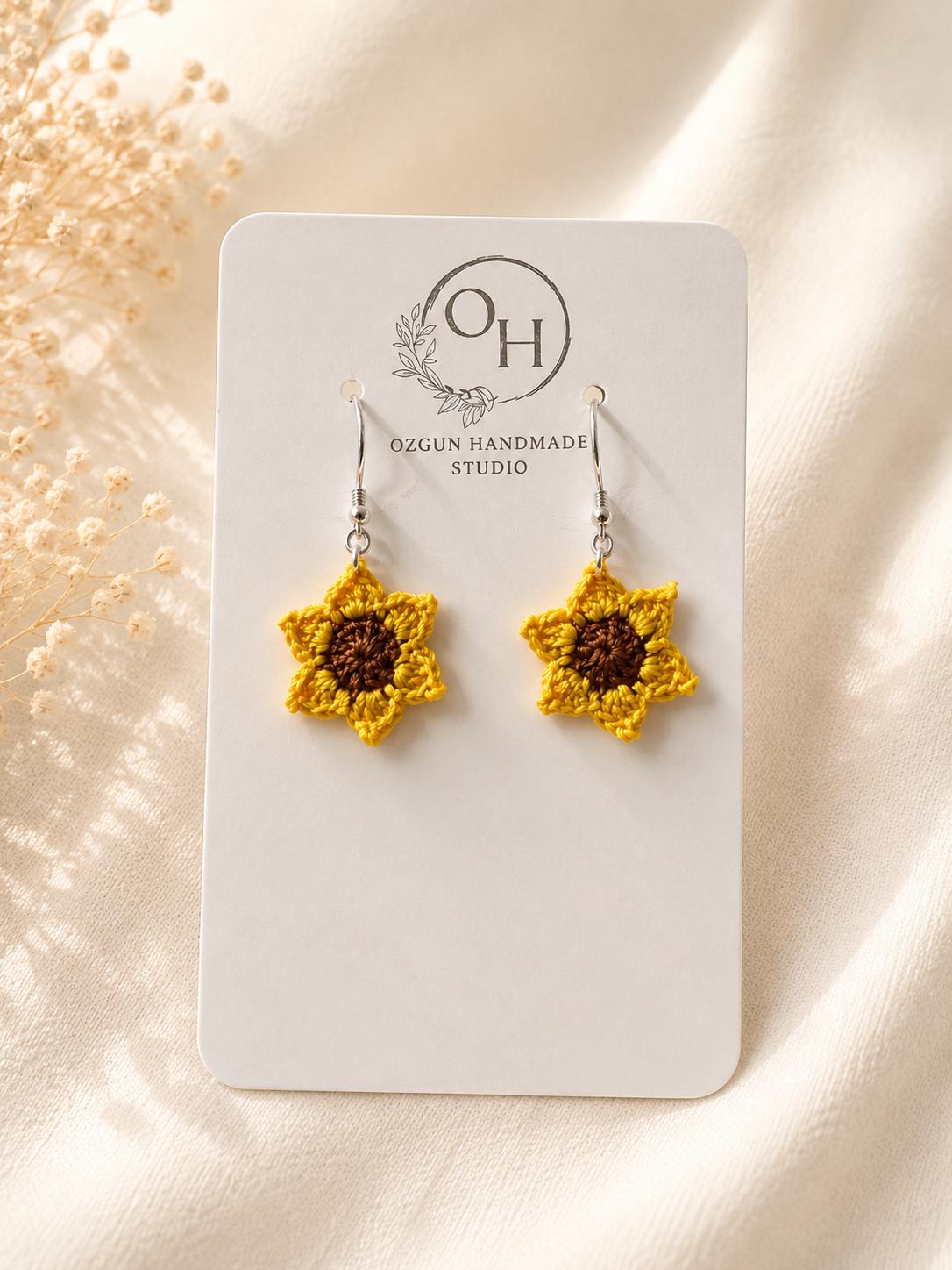 Handmade Micro Crochet Sunflower Earrings – 925 Sterling Silver Hooks, Lightweight Floral Jewellery __etsy:8081510576