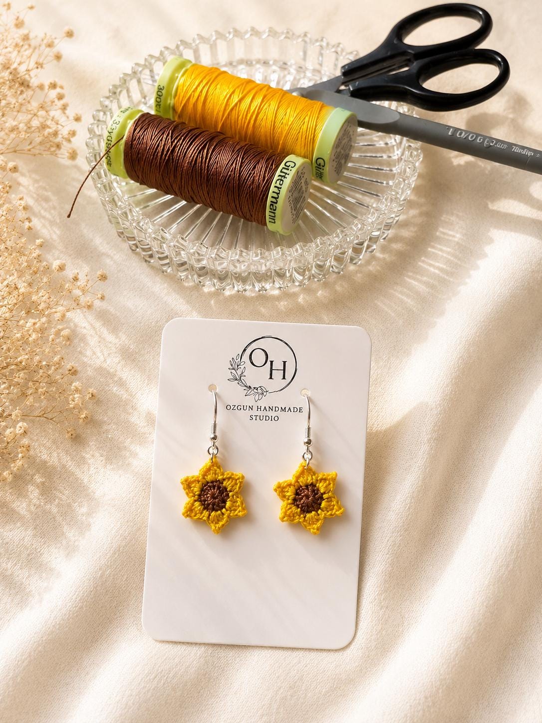 Handmade Micro Crochet Sunflower Earrings – 925 Sterling Silver Hooks, Lightweight Floral Jewellery __etsy:8081510602