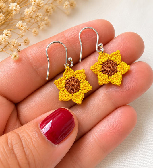 Handmade Micro Crochet Sunflower Earrings – 925 Sterling Silver Hooks, Lightweight Floral Jewellery __etsy:8081522172