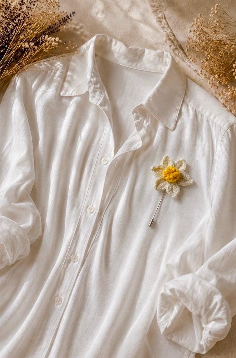 Handmade Crochet Daffodil Brooch – 100% Cotton Spring Flower Pin, Nature-Inspired Slow Fashion __etsy:8081581508
