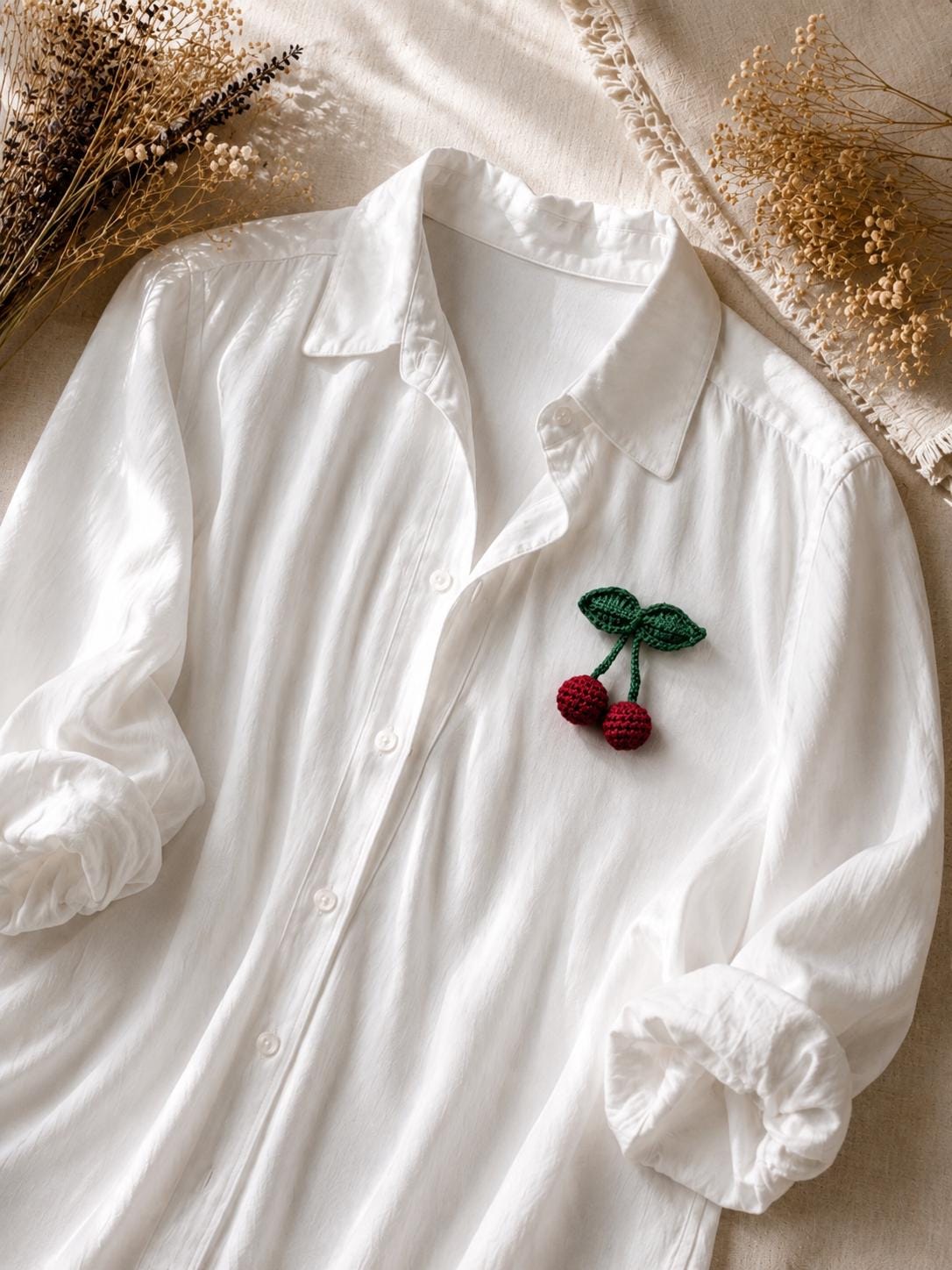 Handmade Crochet Cherry Brooch with Double Leaves – Playful & Whimsical Touch __etsy:8084542320