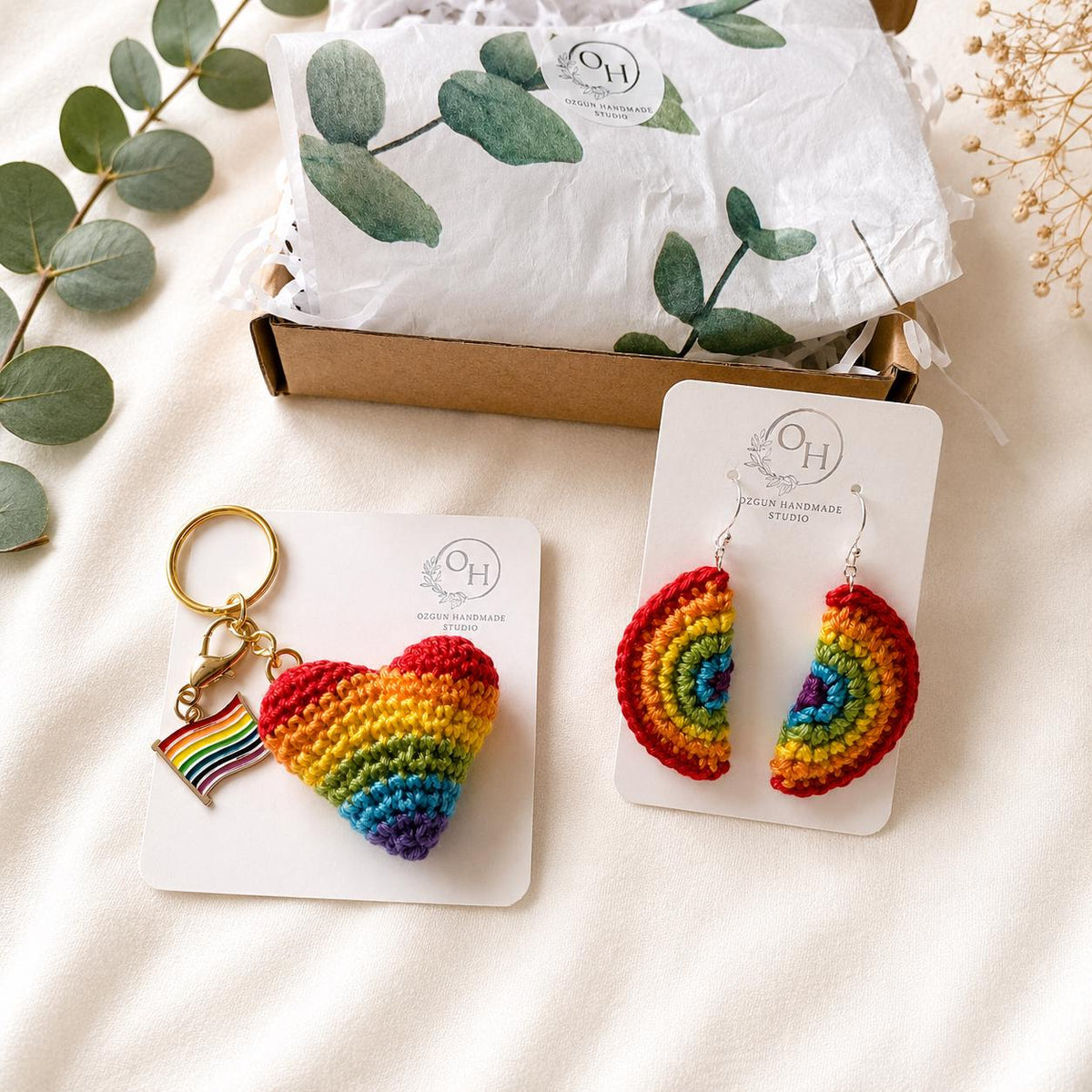 Crochet Rainbow Heart Keychain with Pride Flag Charm __etsy:8084923262