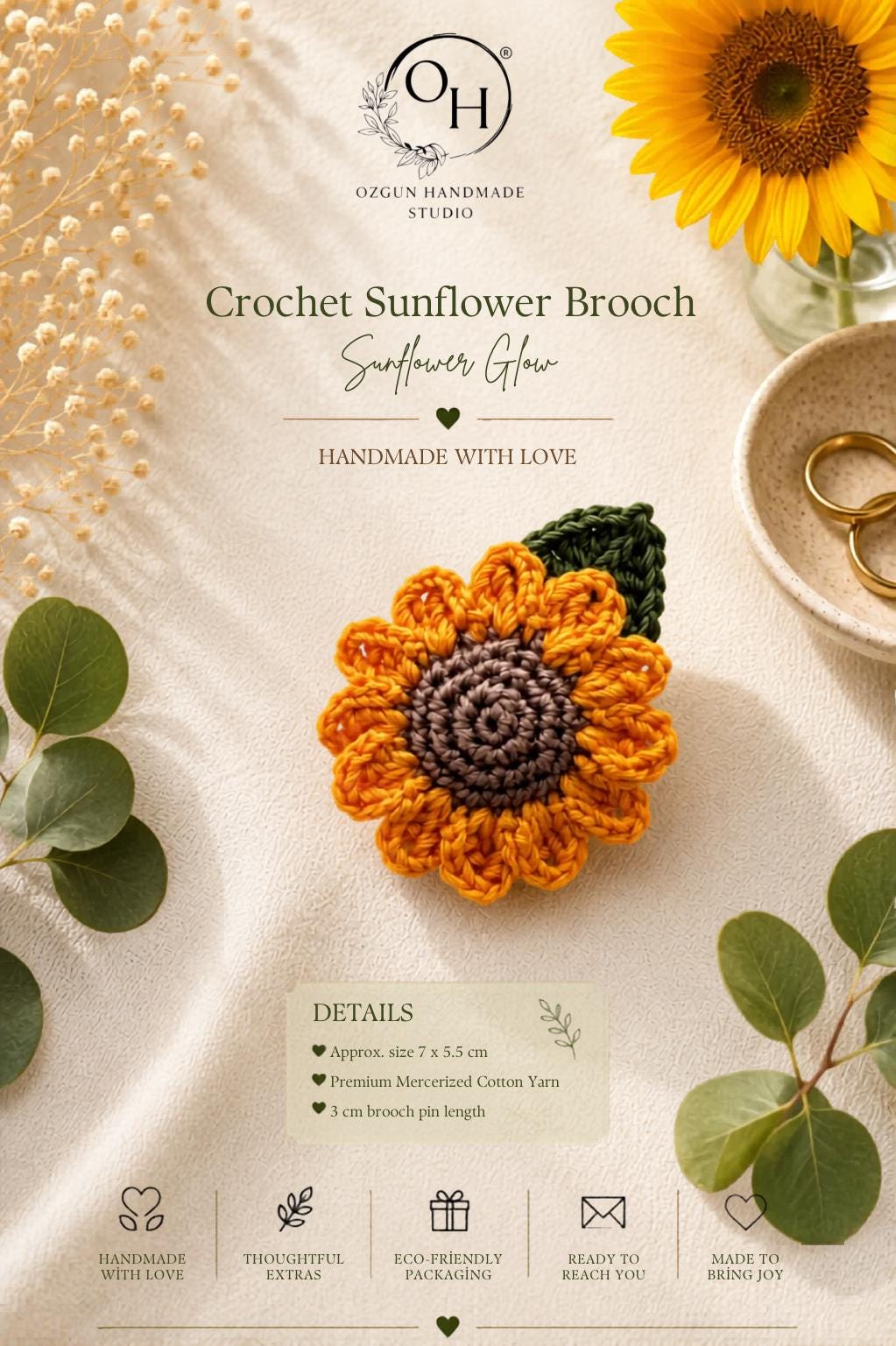 Sunflower Crochet Brooch + Bookmark Set – Handmade Floral Gift, Nature Inspired, UK Made __etsy:8085867088