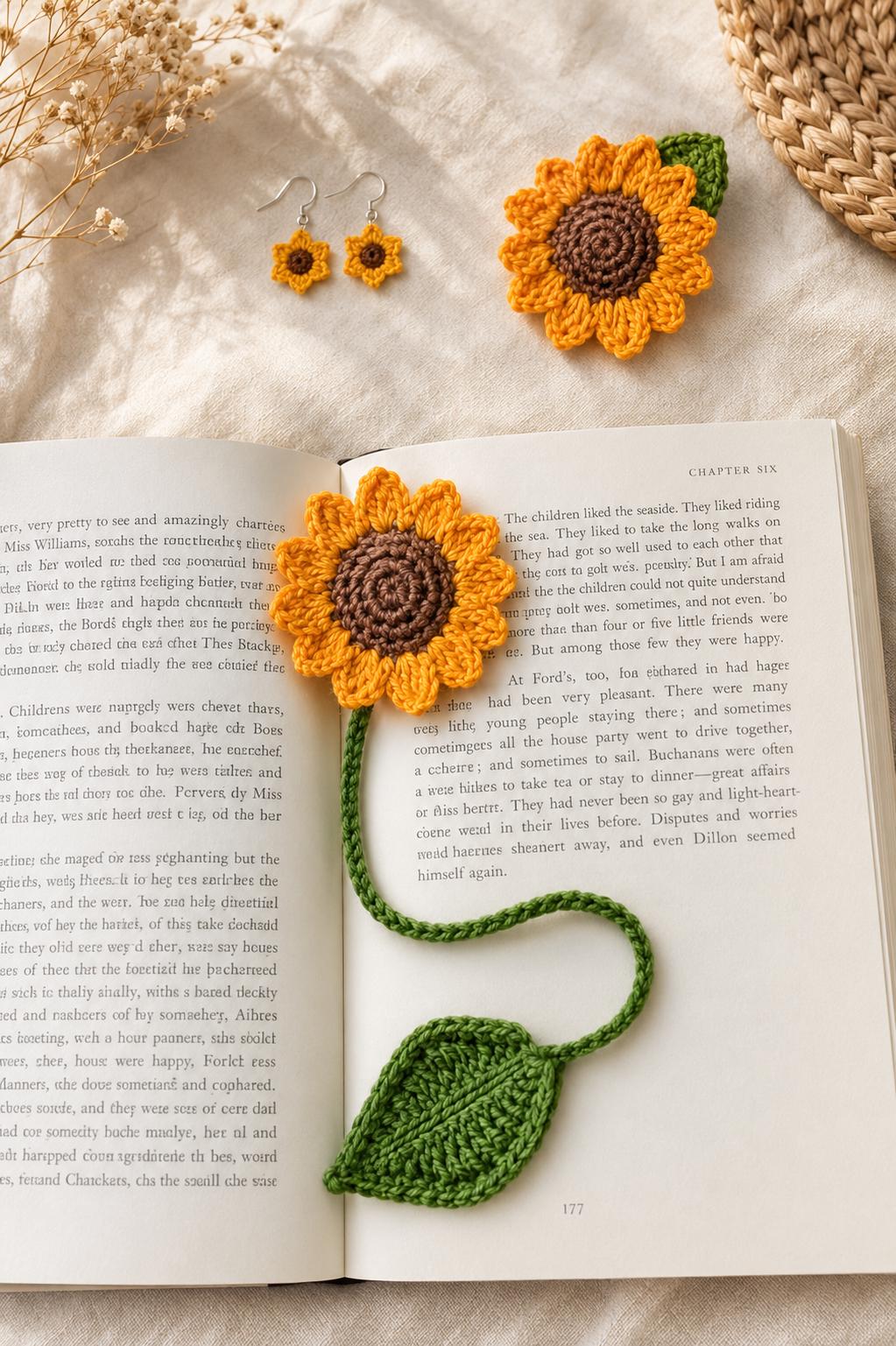 Sunflower Crochet Brooch + Bookmark Set – Handmade Floral Gift, Nature Inspired, UK Made __etsy:8085867128