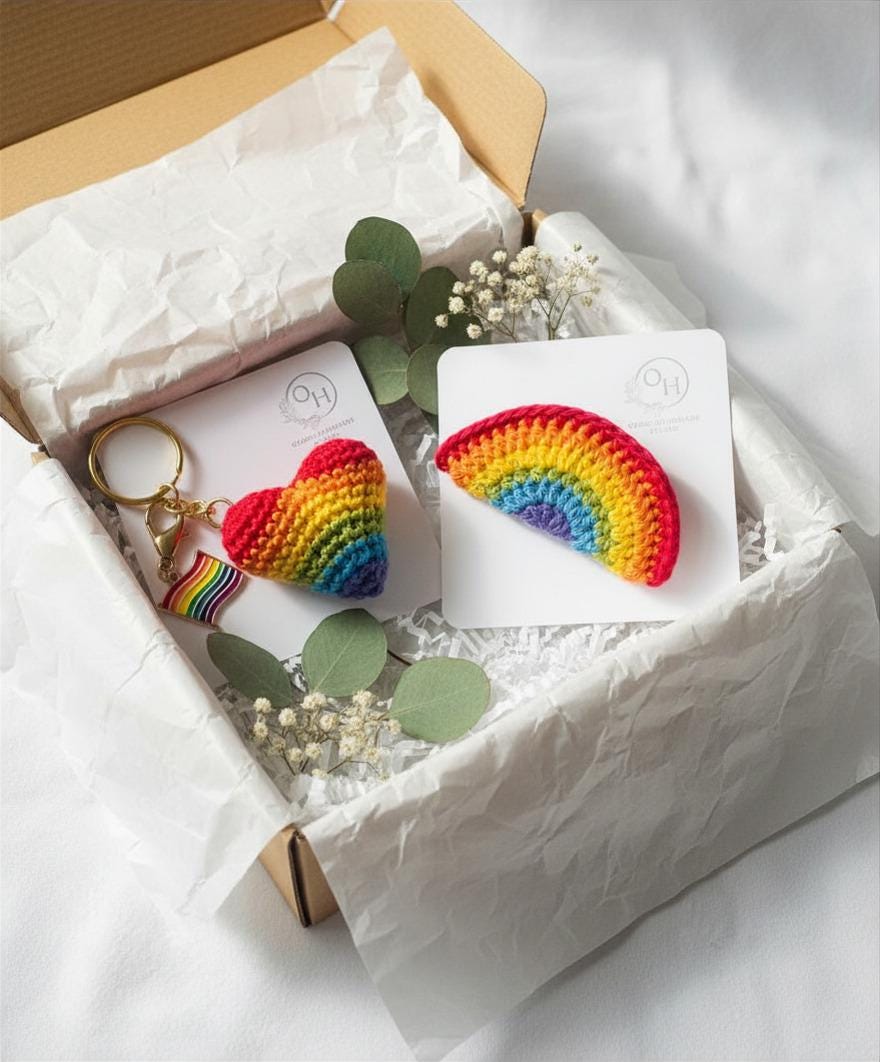 Crochet Rainbow Heart Keychain with Pride Flag Charm __etsy:8089825468