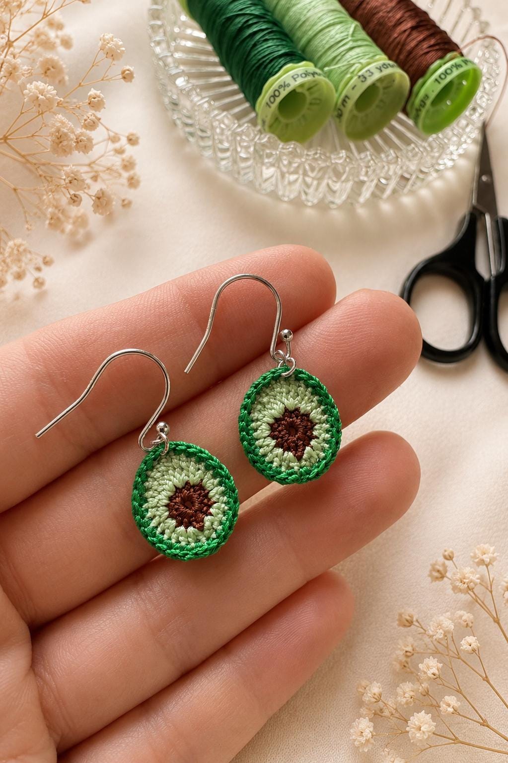 Avocado Micro Crochet Earrings – Handmade Cotton Fruit Jewelry, Sterling Silver Hooks __etsy:8106383797