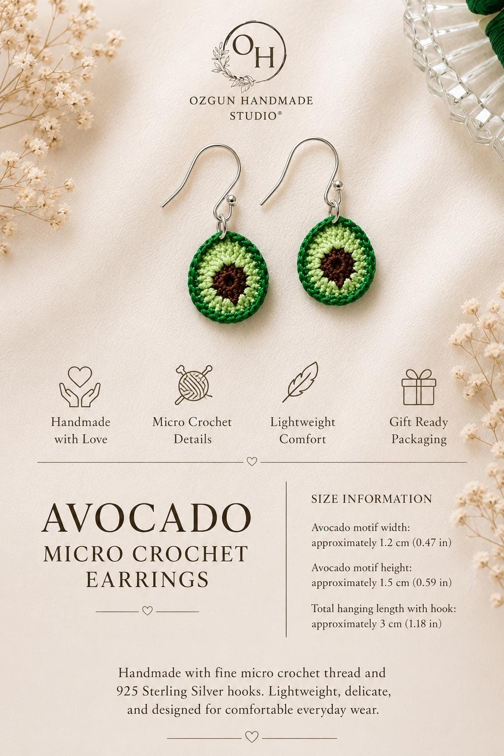 Avocado Micro Crochet Earrings – Handmade Cotton Fruit Jewelry, Sterling Silver Hooks __etsy:8106707733