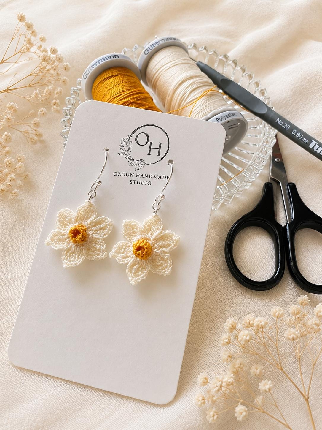 Daffodil Micro Crochet Earrings, Botanical Spring Floral Jewellery, Gold Filled or Sterling Silver __etsy:8107070329