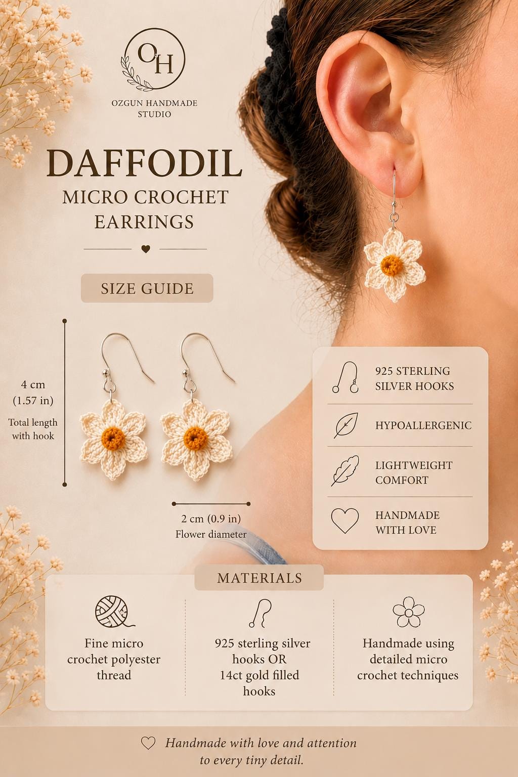 Daffodil Micro Crochet Earrings, Botanical Spring Floral Jewellery, Gold Filled or Sterling Silver __etsy:8107184163