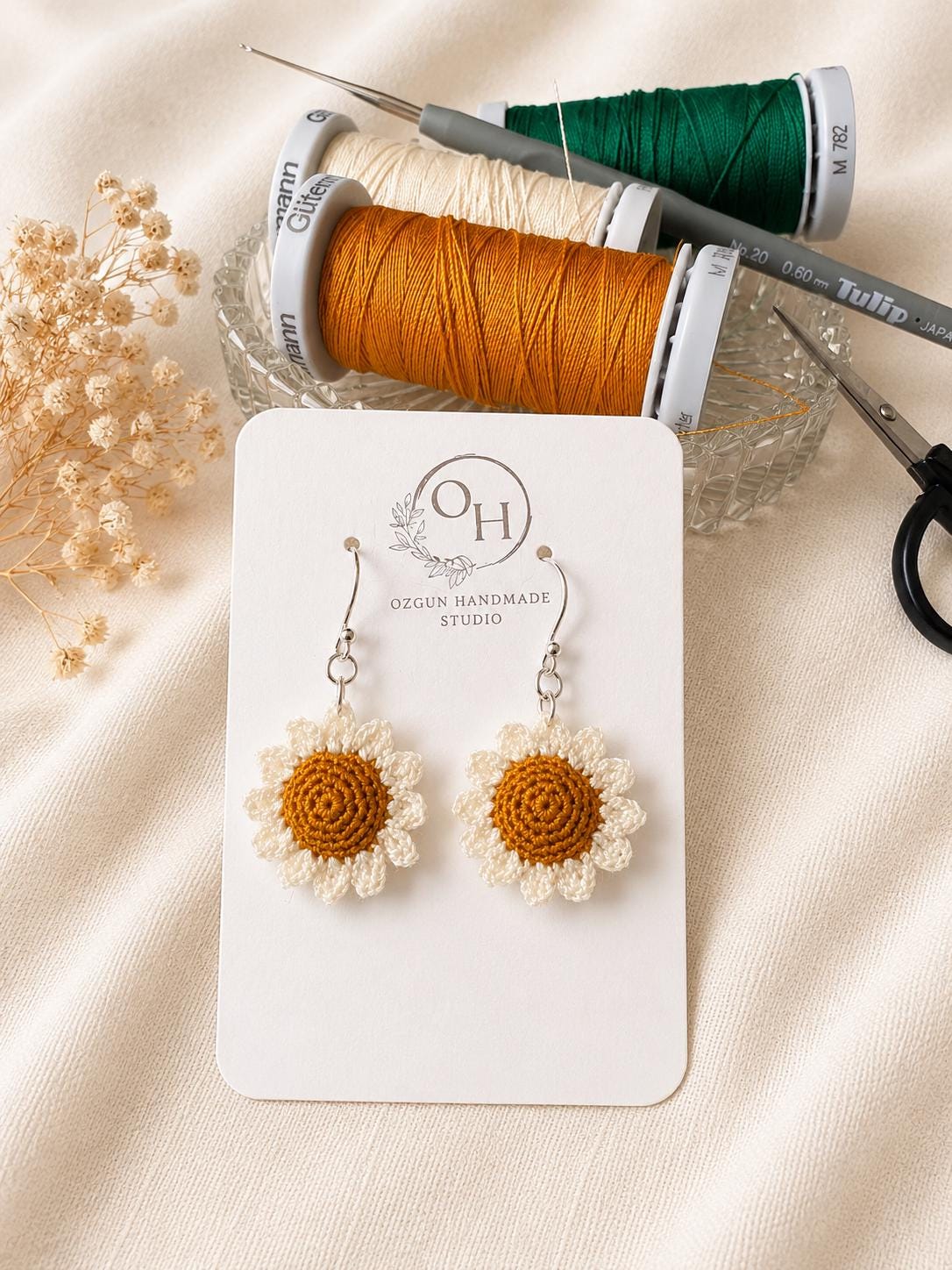 Micro Crochet Daisy Earrings, Dainty Floral Jewelry, Cotton Thread, Gold Filled/Sterling Silver Hooks __etsy:8107407081
