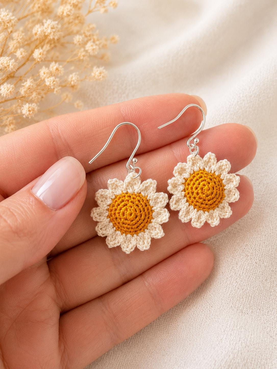 Micro Crochet Daisy Earrings, Dainty Floral Jewelry, Cotton Thread, Gold Filled/Sterling Silver Hooks __etsy:8107407089