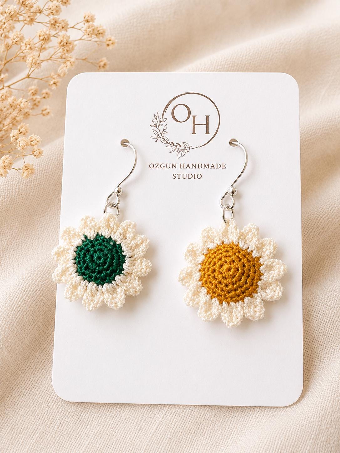 Micro Crochet Daisy Earrings, Dainty Floral Jewelry, Cotton Thread, Gold Filled/Sterling Silver Hooks __etsy:8107407097