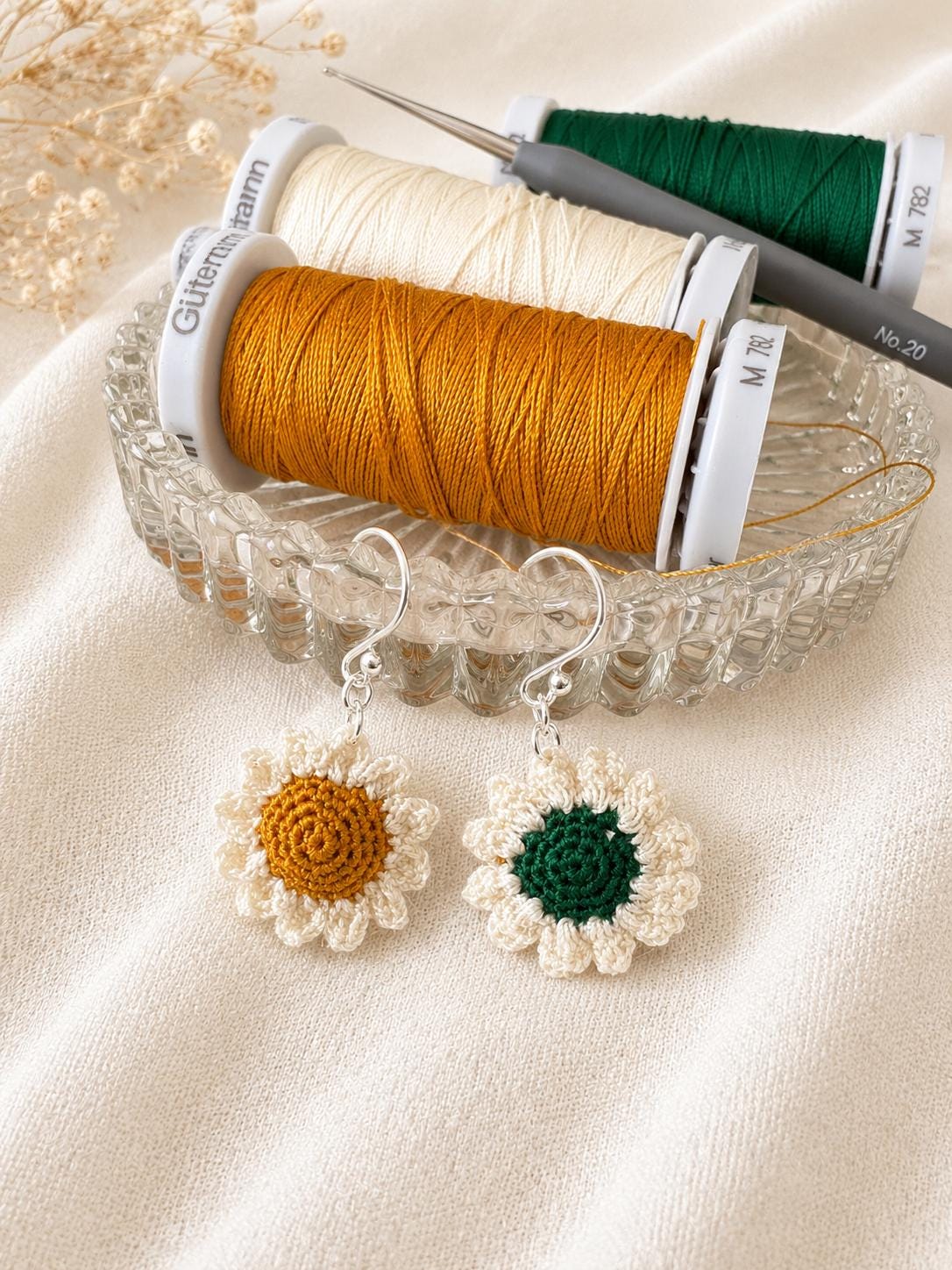 Micro Crochet Daisy Earrings, Dainty Floral Jewelry, Cotton Thread, Gold Filled/Sterling Silver Hooks __etsy:8107407117