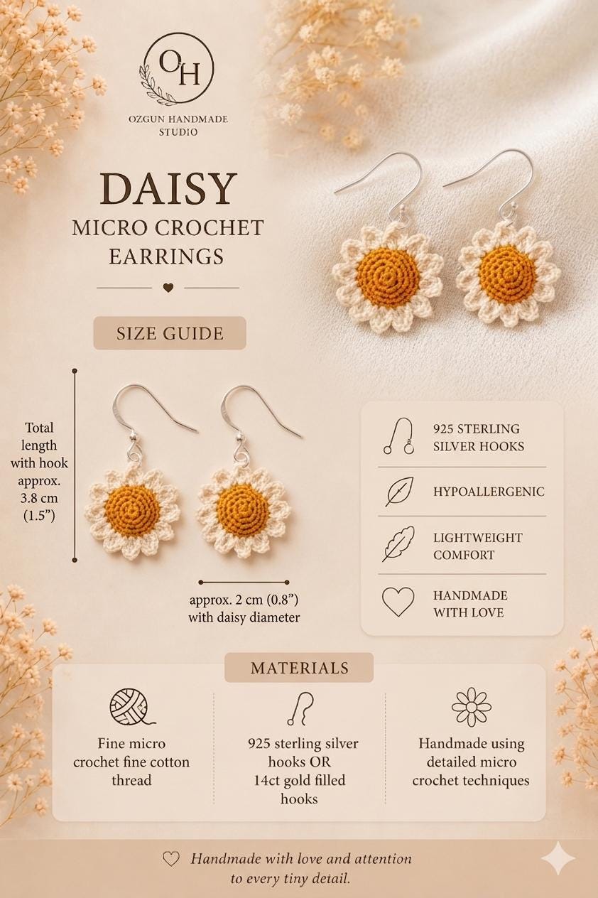 Micro Crochet Daisy Earrings, Dainty Floral Jewelry, Cotton Thread, Gold Filled/Sterling Silver Hooks __etsy:8107469349