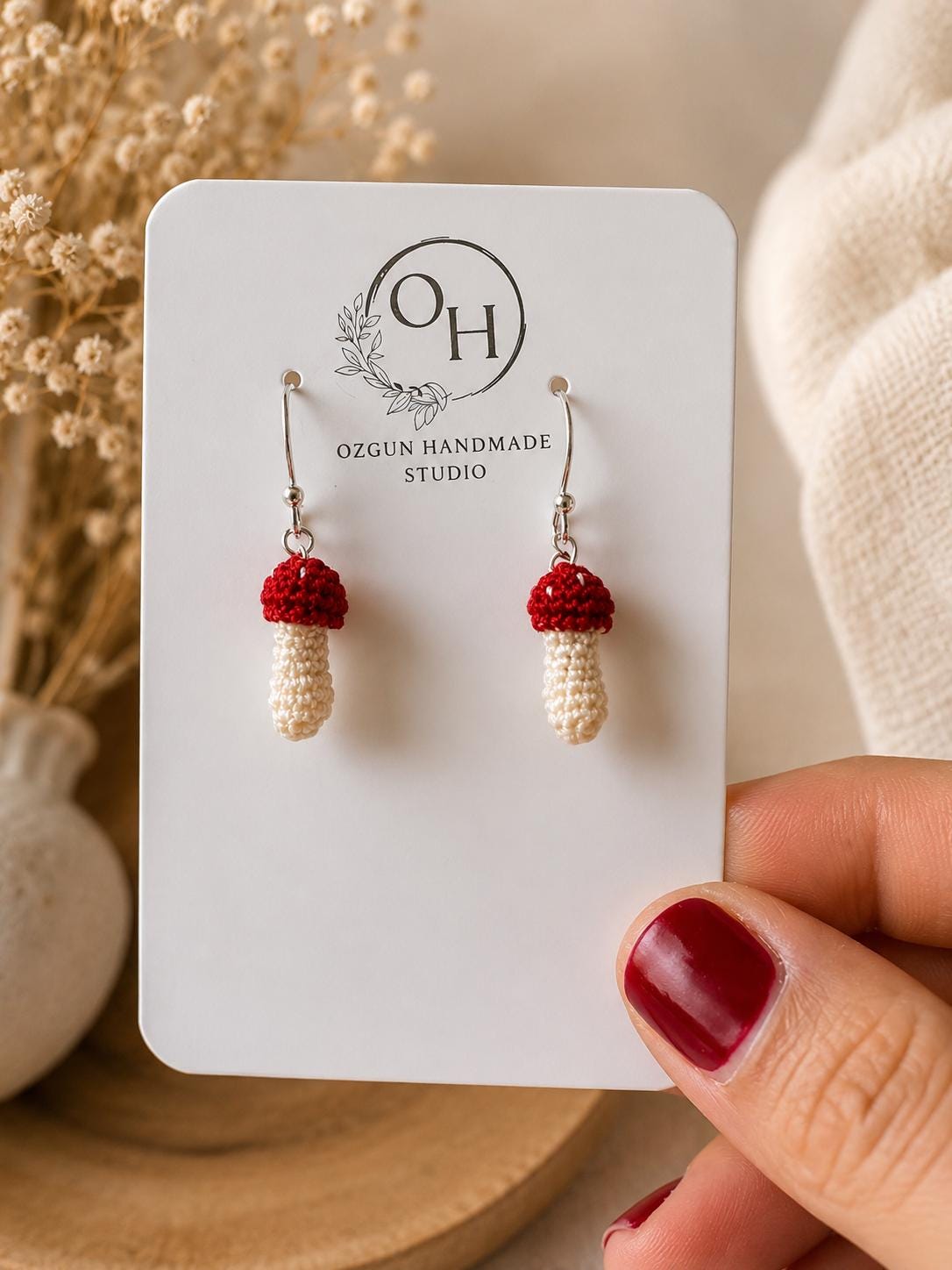 Micro Crochet Mushroom Earrings, Woodland Cottagecore Jewellery, Sterling Silver or Gold Filled Hooks __etsy:8110204703