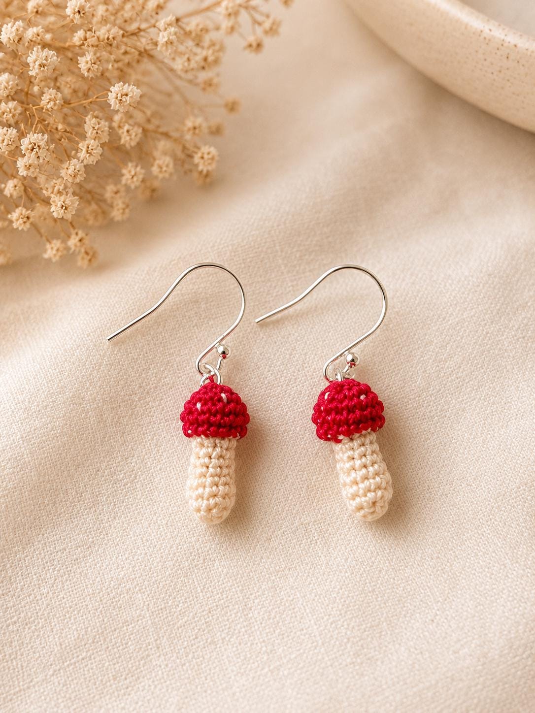 Micro Crochet Mushroom Earrings, Woodland Cottagecore Jewellery, Sterling Silver or Gold Filled Hooks __etsy:8110240859