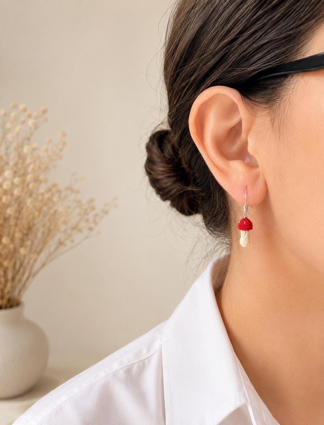 Micro Crochet Mushroom Earrings, Woodland Cottagecore Jewellery, Sterling Silver or Gold Filled Hooks __etsy:8110245489
