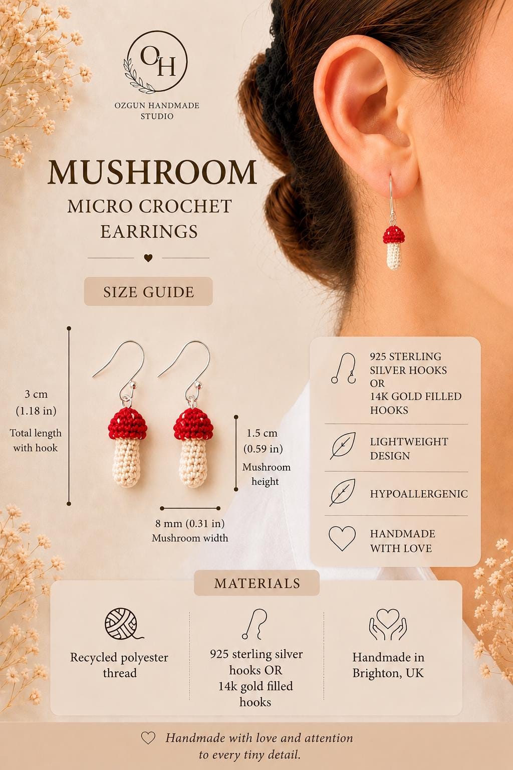 Micro Crochet Mushroom Earrings, Woodland Cottagecore Jewellery, Sterling Silver or Gold Filled Hooks __etsy:8110369321