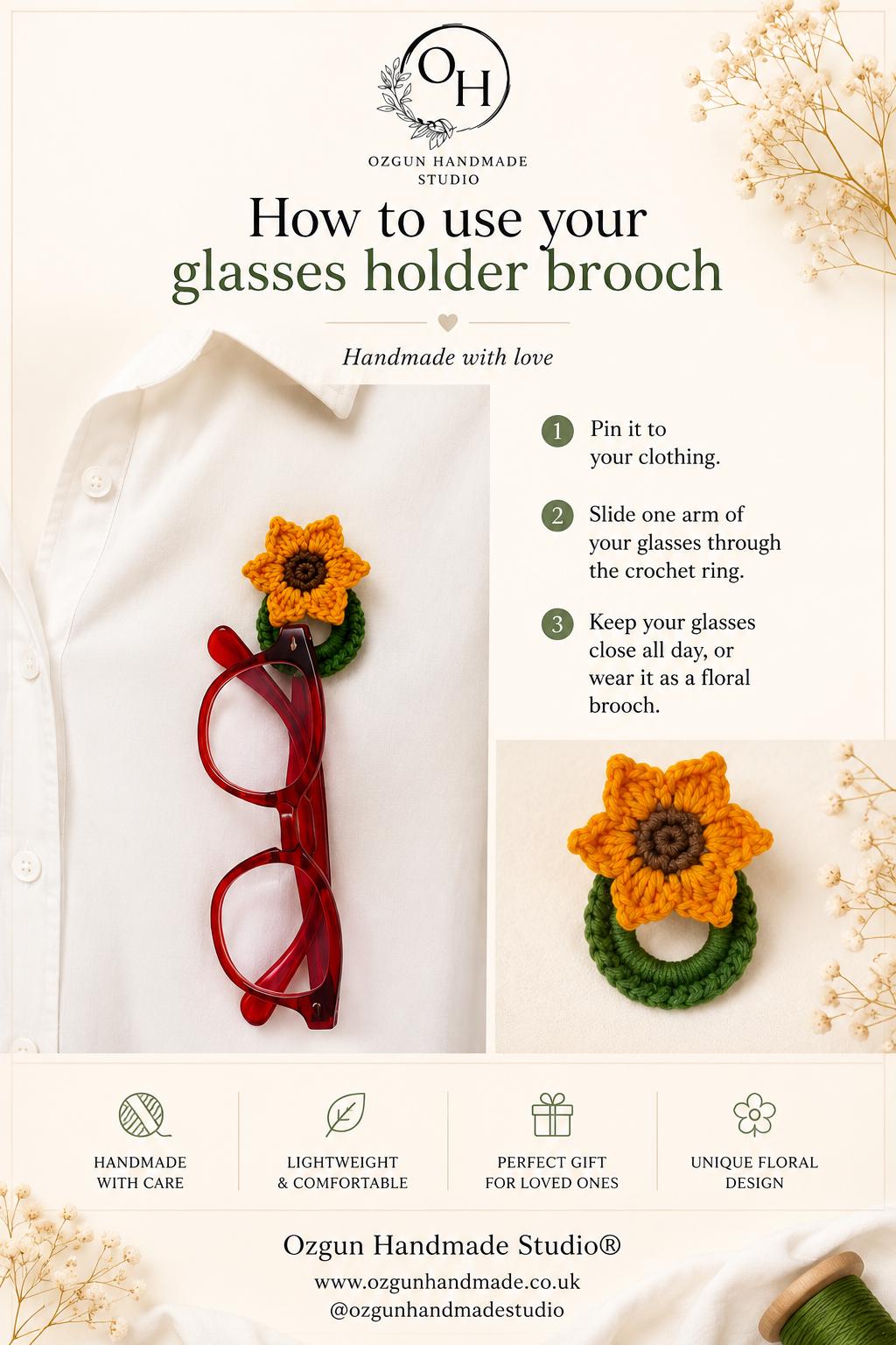 Crochet Sunflower Glasses Holder Brooch, Handmade Floral Eyeglass Accessory __etsy:8110609447