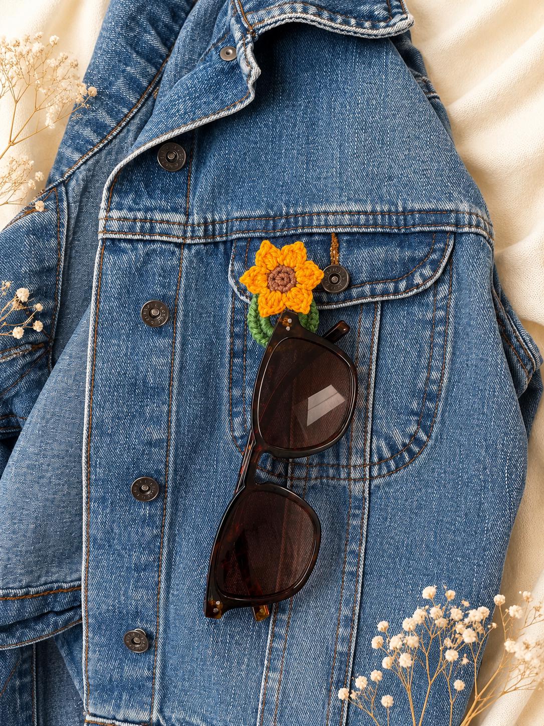 Crochet Sunflower Glasses Holder Brooch, Handmade Floral Eyeglass Accessory __etsy:8110647413