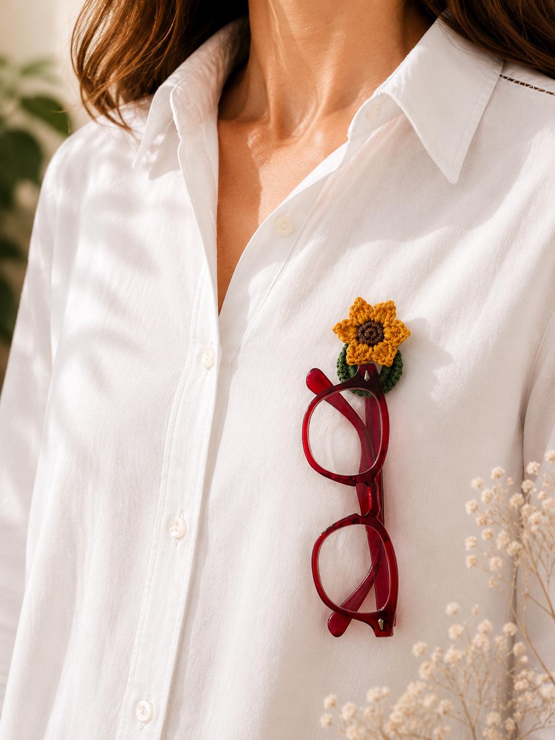 Crochet Sunflower Glasses Holder Brooch, Handmade Floral Eyeglass Accessory __etsy:8110772351