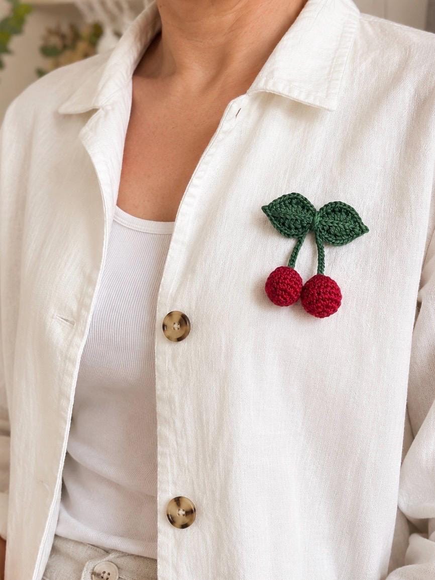 Handmade Crochet Cherry Brooch with Double Leaves – Playful & Whimsical Touch __etsy:8110802804