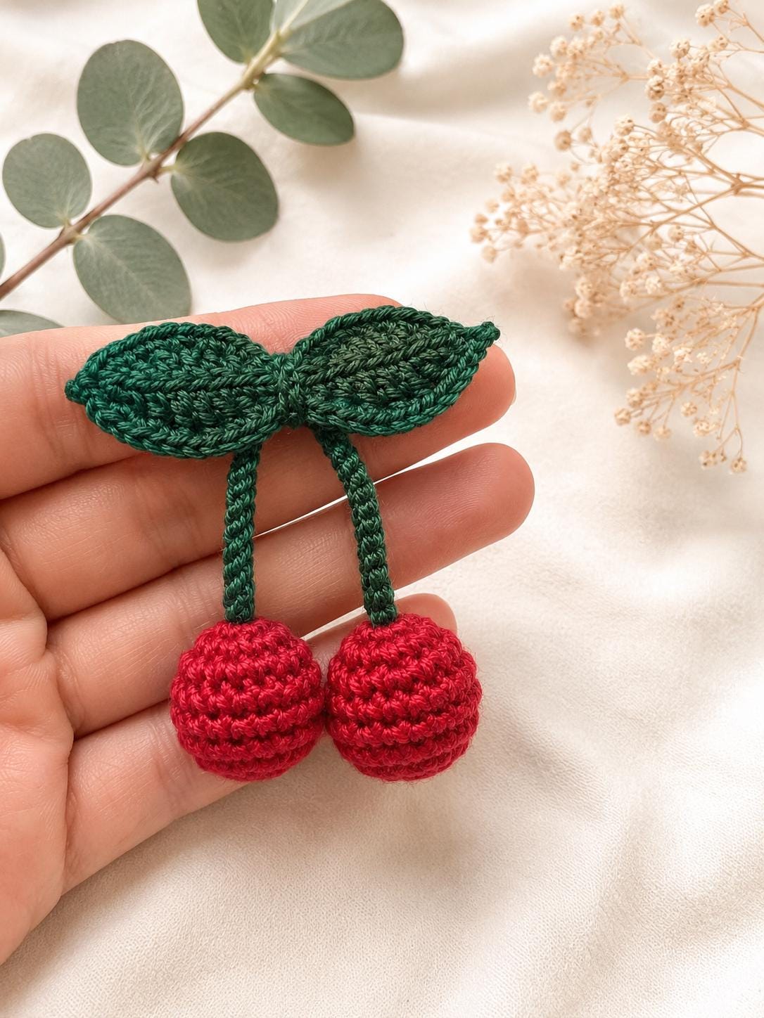 Handmade Crochet Cherry Brooch with Double Leaves – Playful & Whimsical Touch __etsy:8110803124