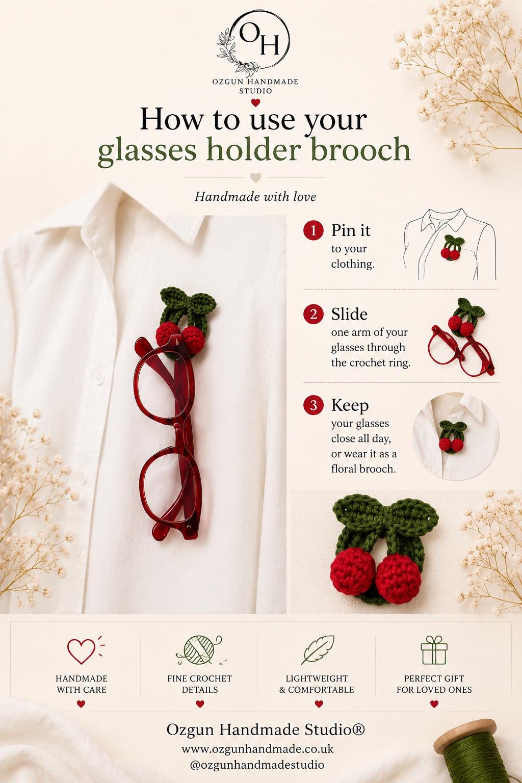Crochet Cherry Glasses Holder Brooch, Handmade Eyeglass Pin Accessory, Mercerized Cotton Yarn __etsy:8110880701