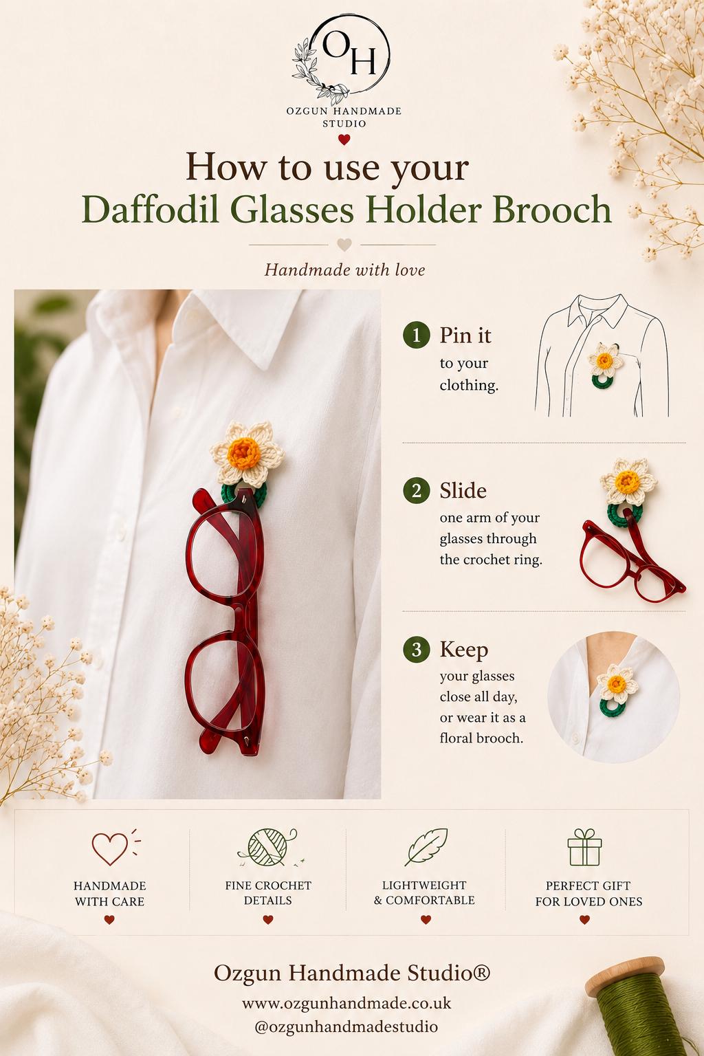 Crochet Daffodil Glasses Holder Brooch, Floral Eyeglasses Pin, Choose Your Yellow Tone __etsy:8111063395