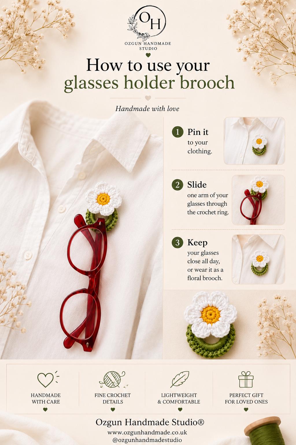 Crochet Daisy Glasses Holder Brooch, Handmade Floral Eyeglass Accessory __etsy:8114586885